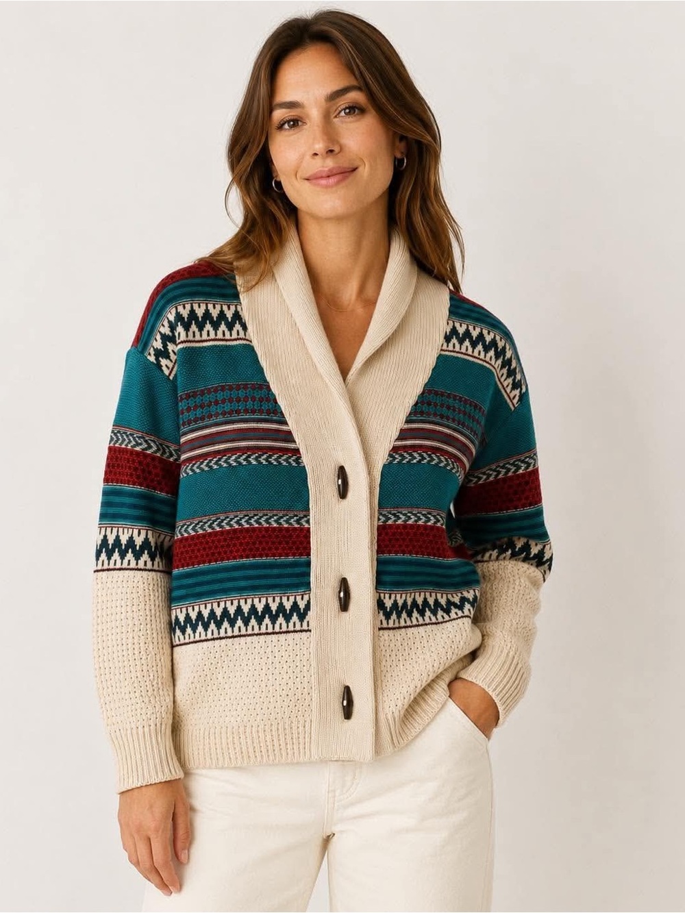 Shyanne Teal, Cream & Burgundy Fair Isle Shawl Collar Cardigan